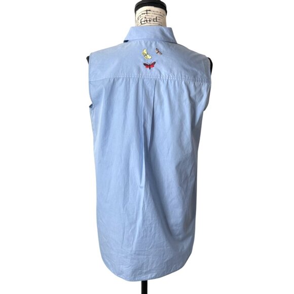 Max Mara Weekend Top Sleeveless Button-Up Light Blue Embroider Butterfly Size M - Picture 2 of 7